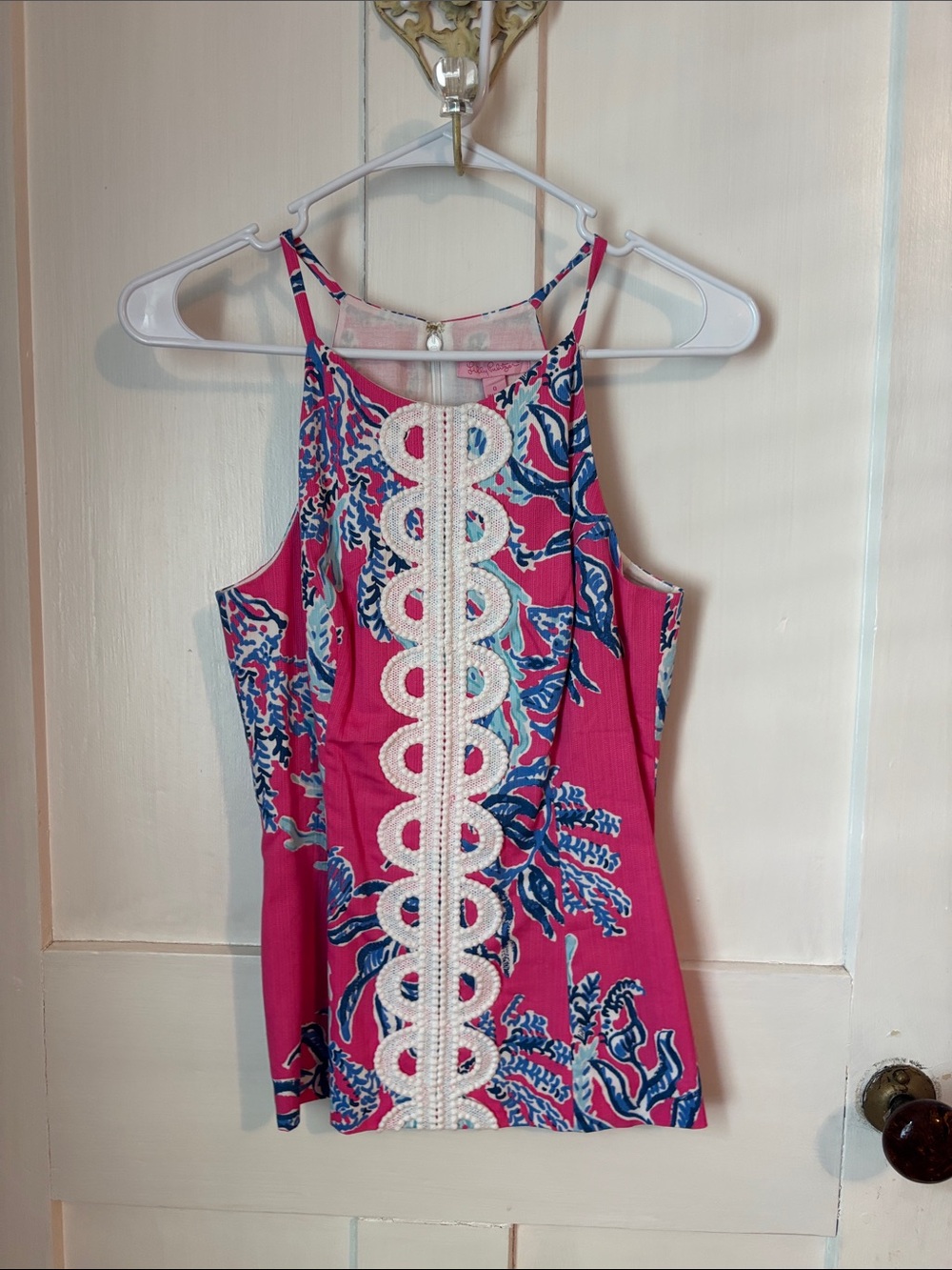 Lilly Pulitzer Pink and Blue Top with White Crochet